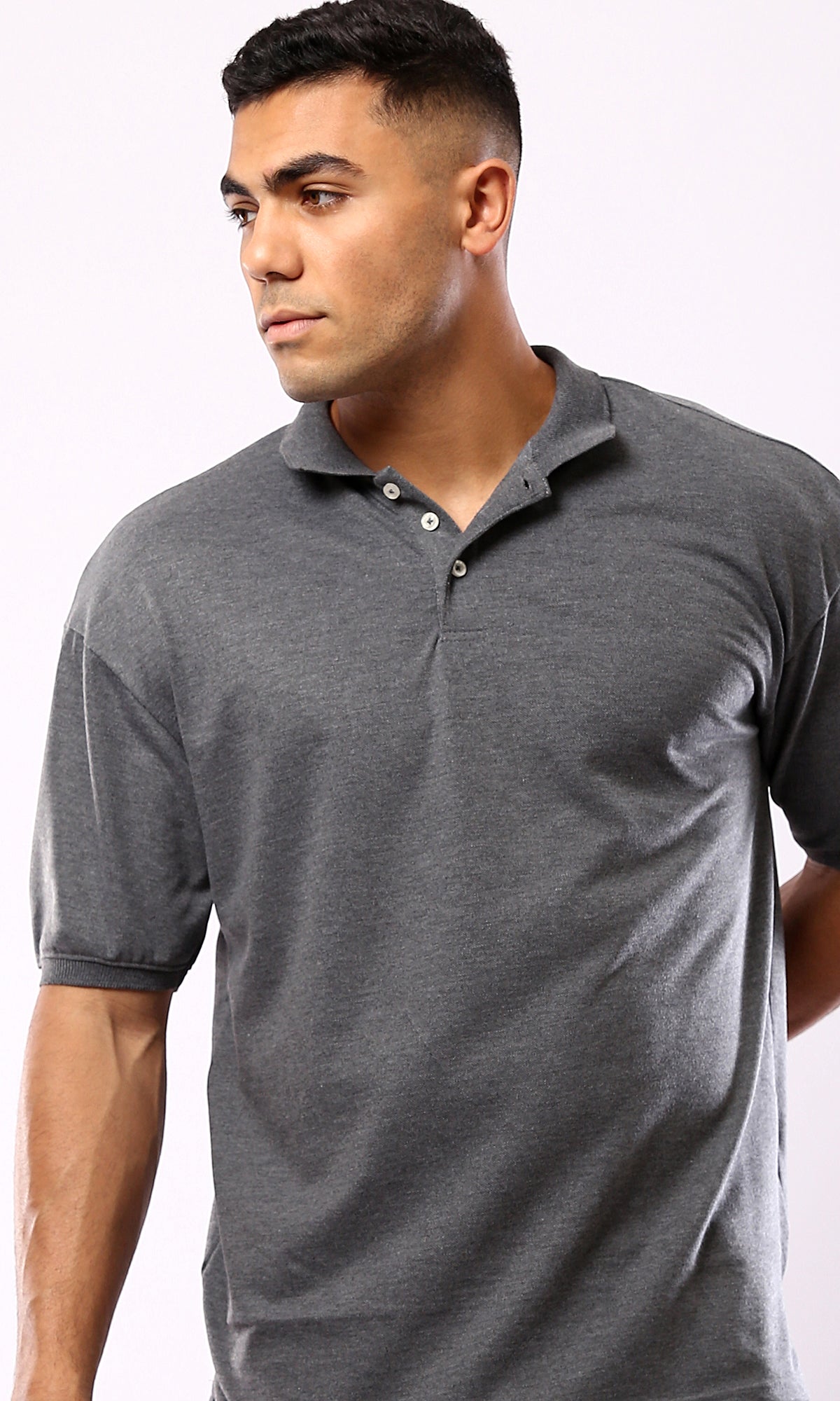 O179239 Buttoned Neck Heather Dark Grey Summer Polo Shirt