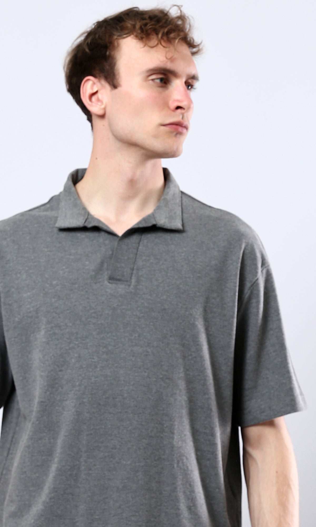 O179249 Open Classic Neck Relaxed Polo Shirt - Heather Dark Grey