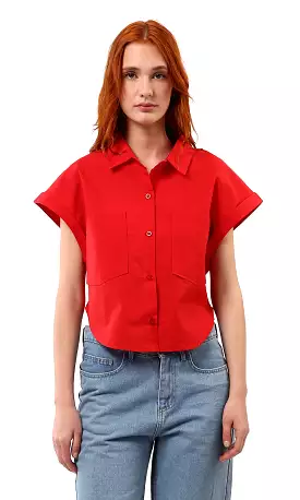 O181644 Solid Short Sleeves Casual Red Buttoned Shirt