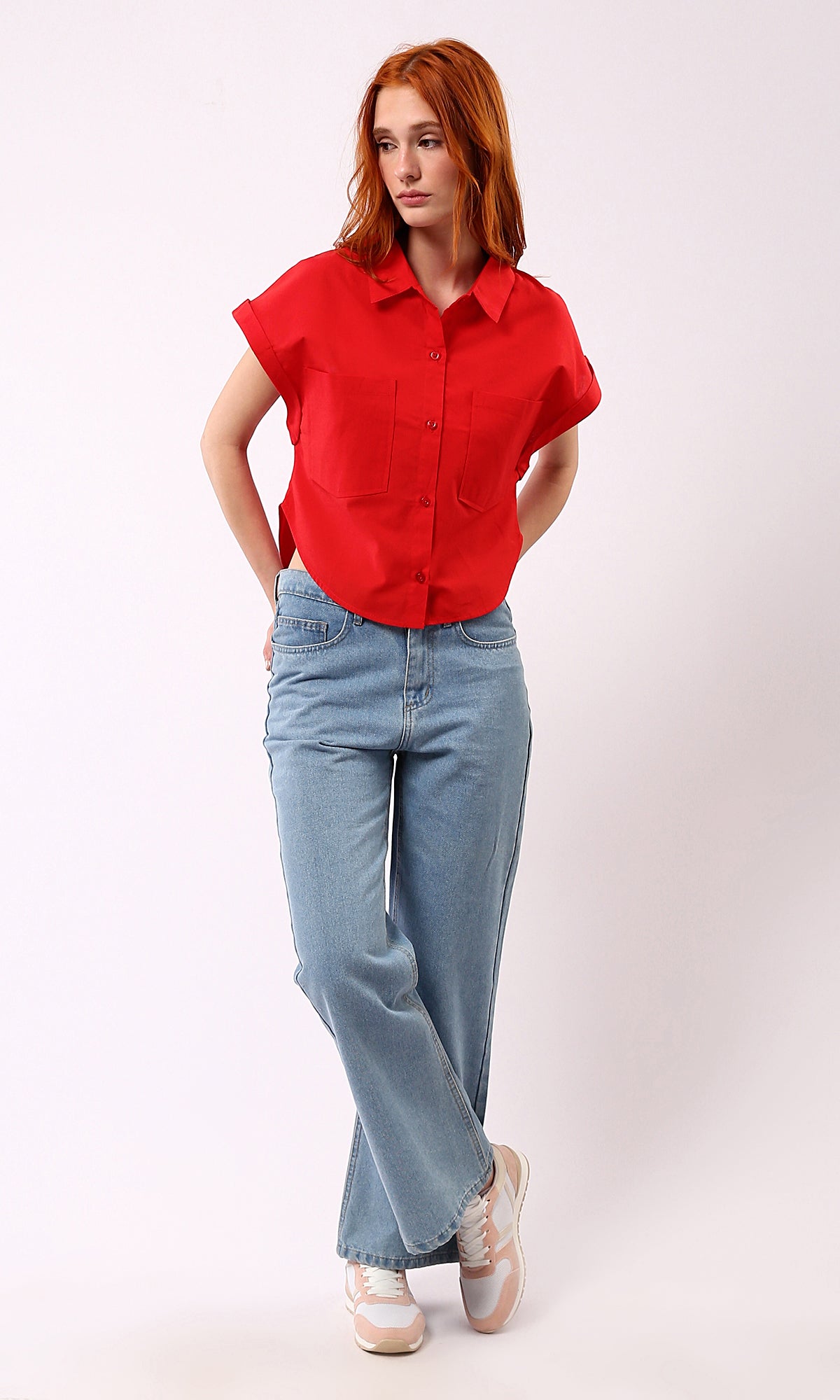 O181644 Solid Short Sleeves Casual Red Buttoned Shirt