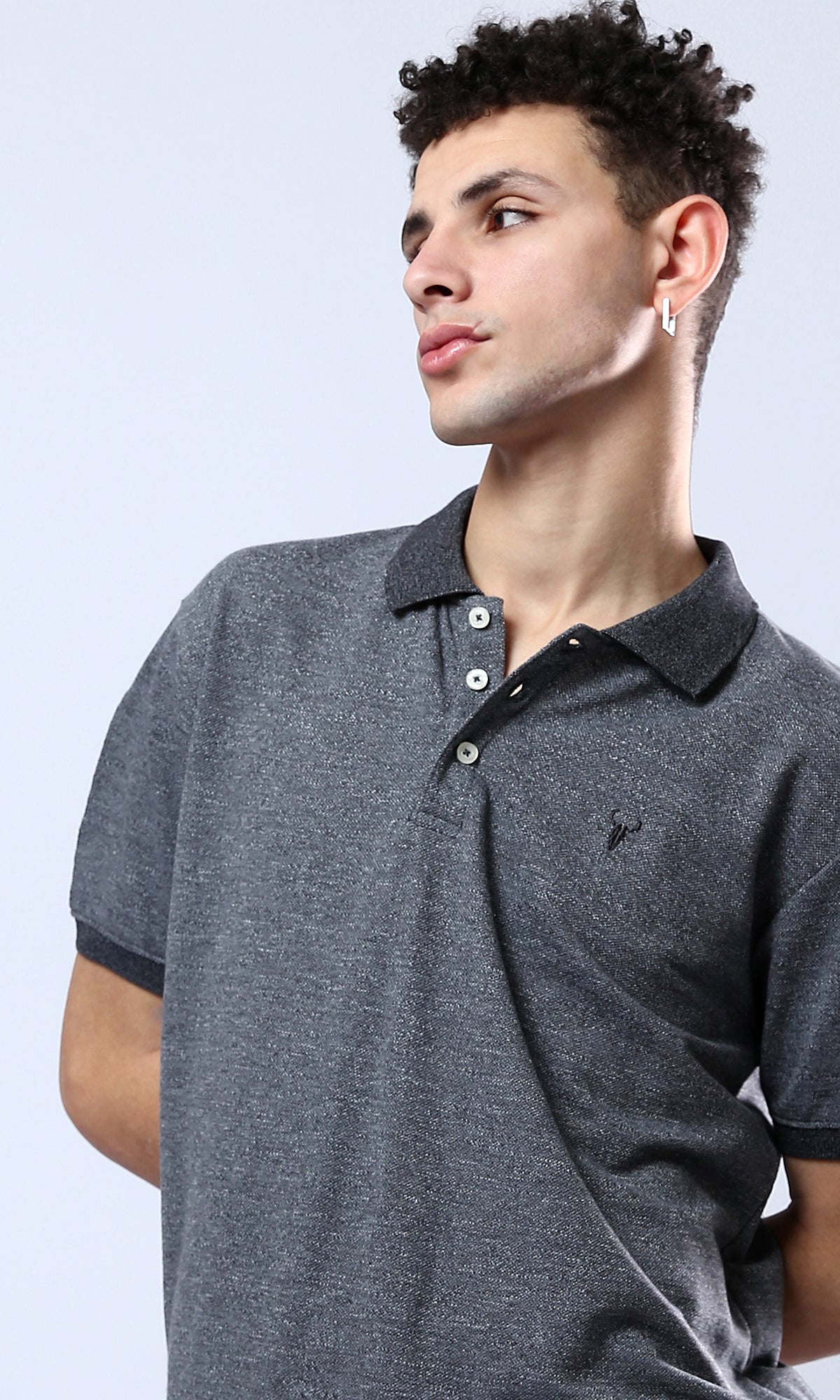 O182058 Buttoned Neck Casual Polo Shirt - Heather Black