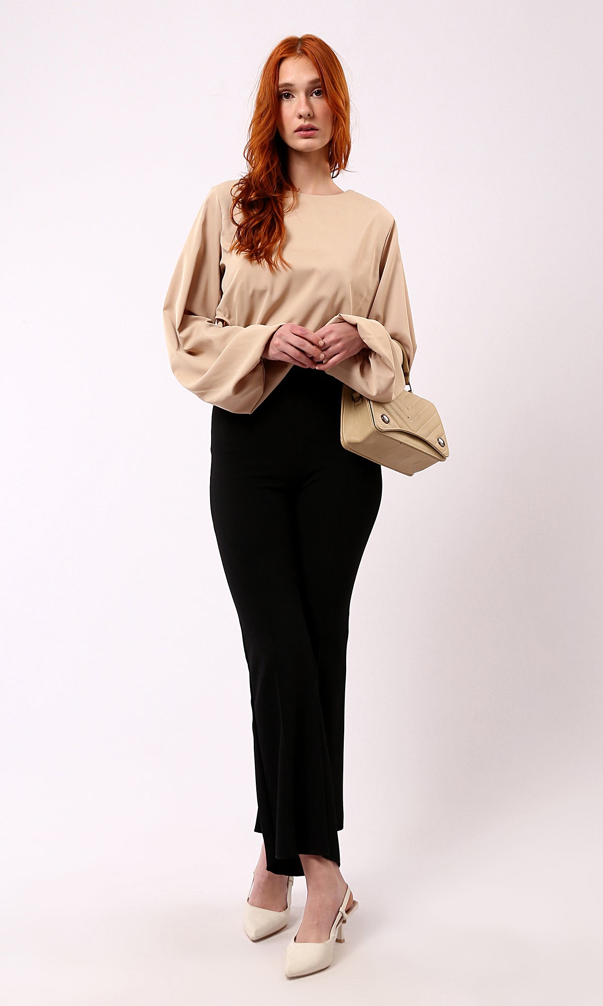 O188402 Dark Beige Short Blouse With Bi-Shop Sleeves