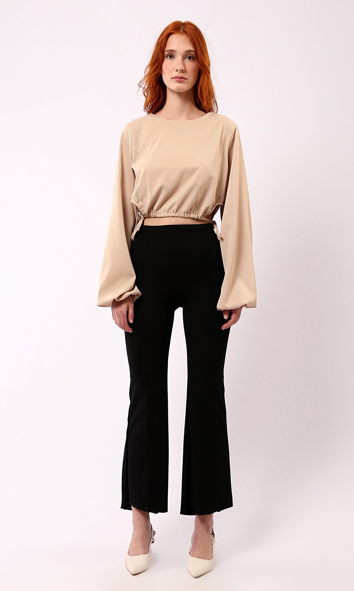 O188402 Dark Beige Short Blouse With Bi-Shop Sleeves