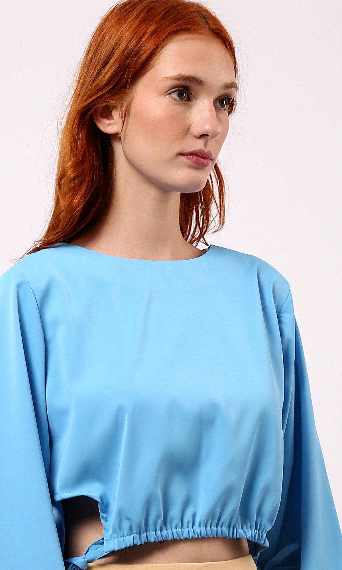 O188405 Solid Sky Blue Short Blouse With Boat Neck