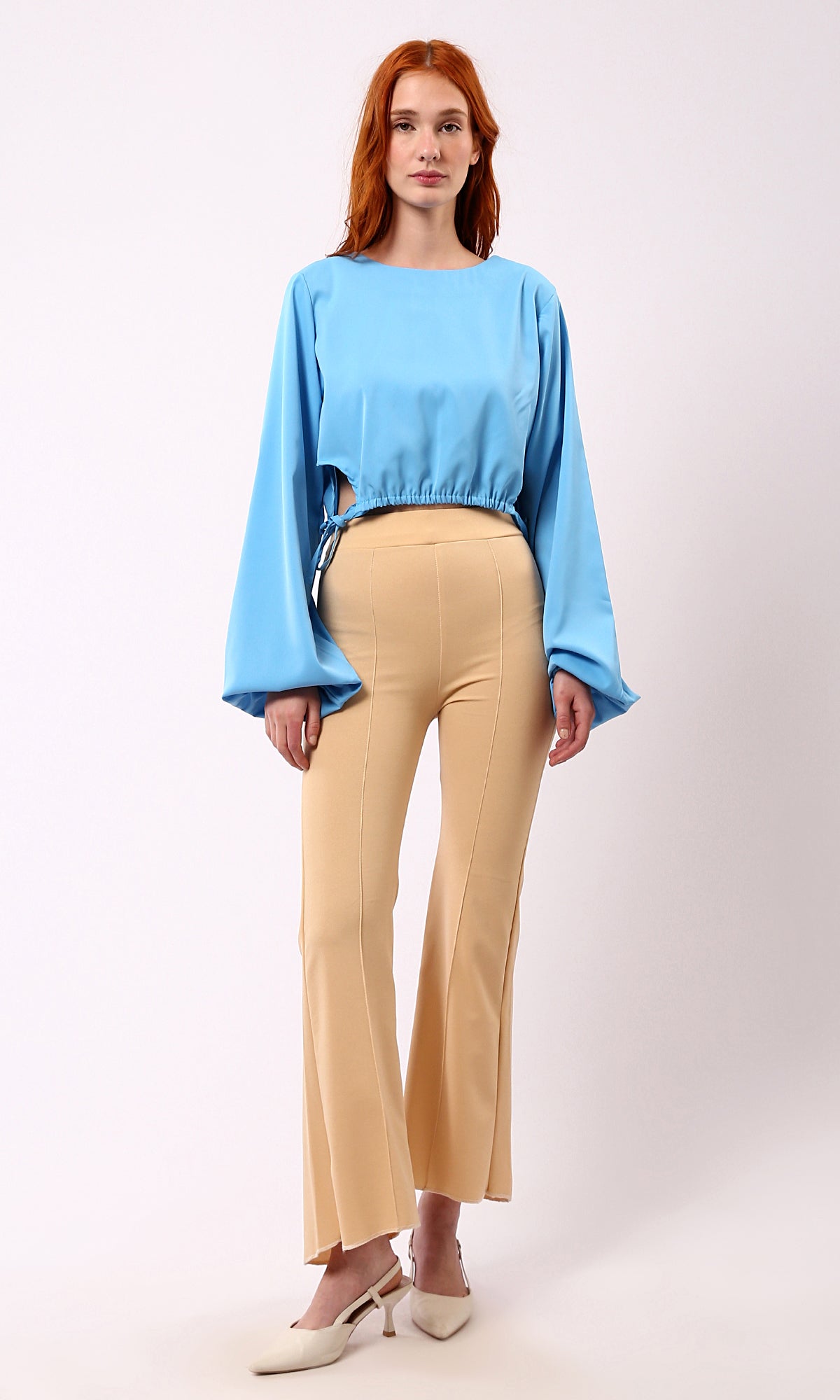 O188405 Solid Sky Blue Short Blouse With Boat Neck