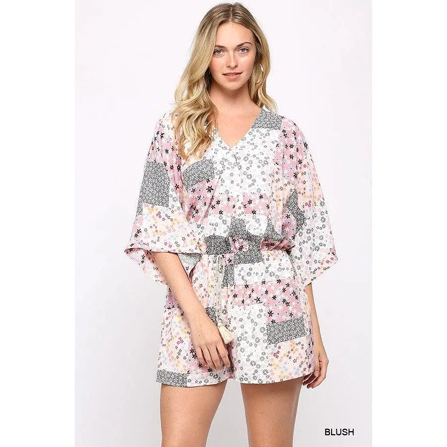 Patchwork Printed Surplice Romper With Waist Tassel Tie And Bottom Lining