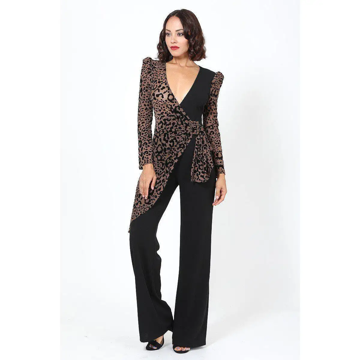 Plunging V Buckle Detail Leopard Jumpsuit