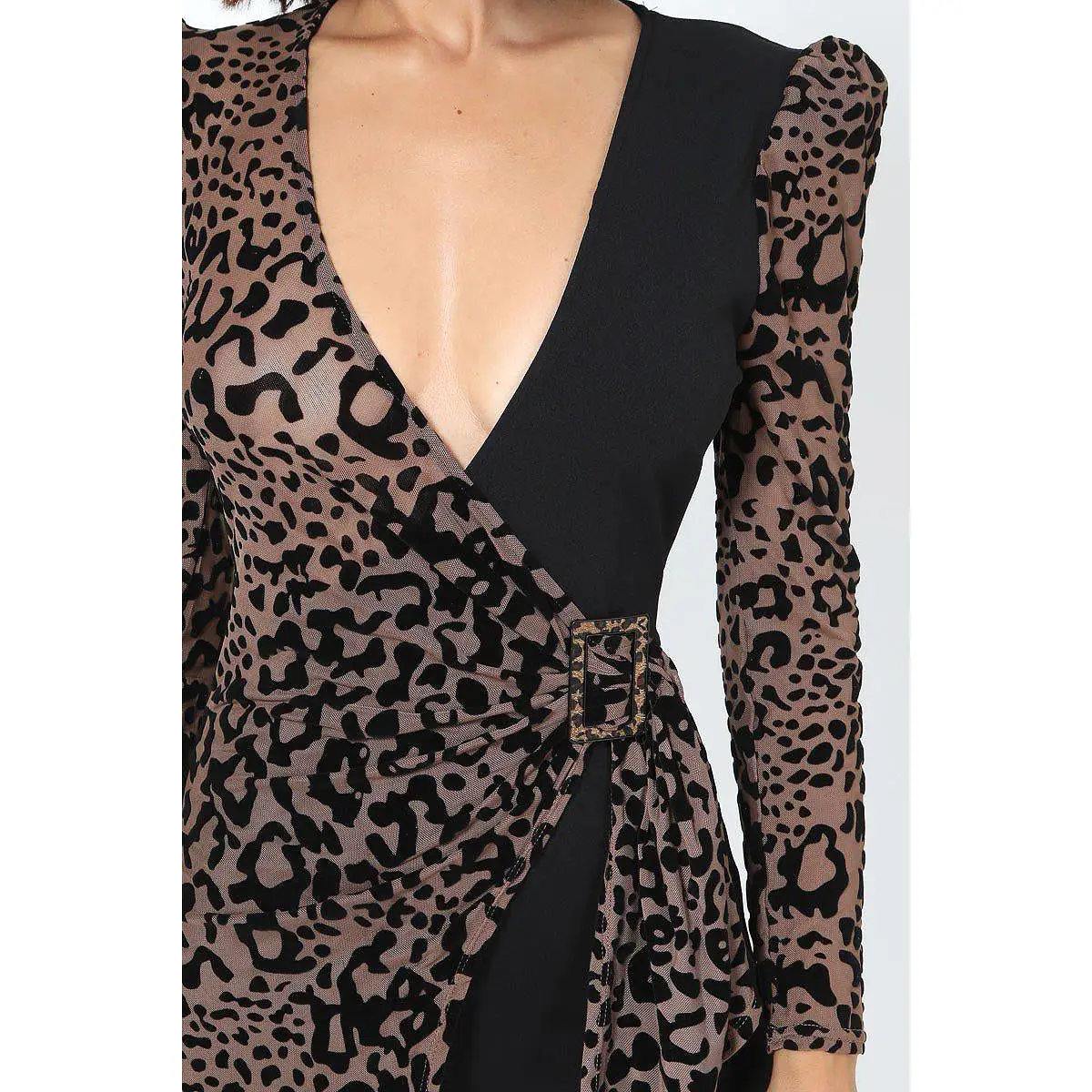 Plunging V Buckle Detail Leopard Jumpsuit