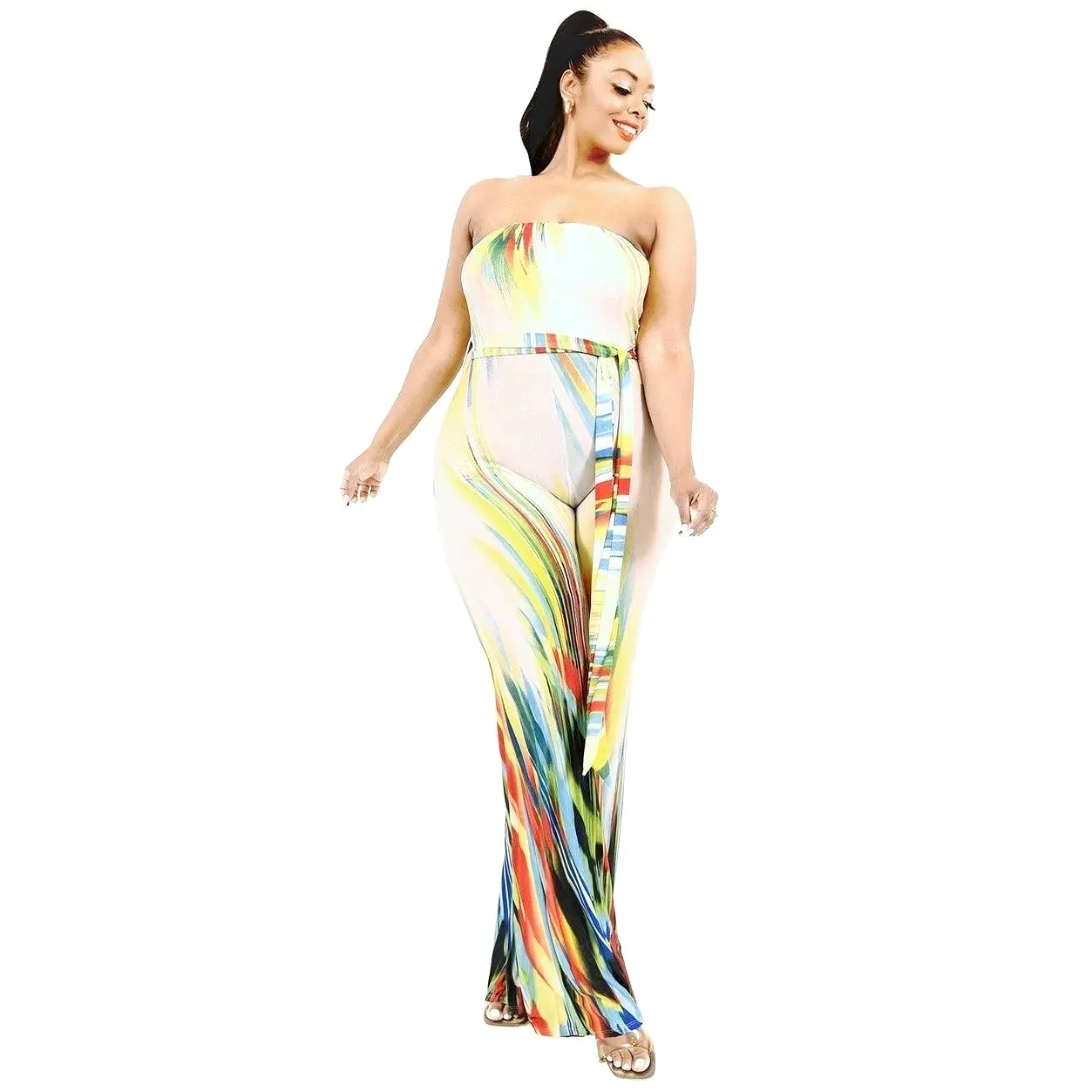 Plus Off Shoulder Color Brushed Tie Waist Jumpsuit