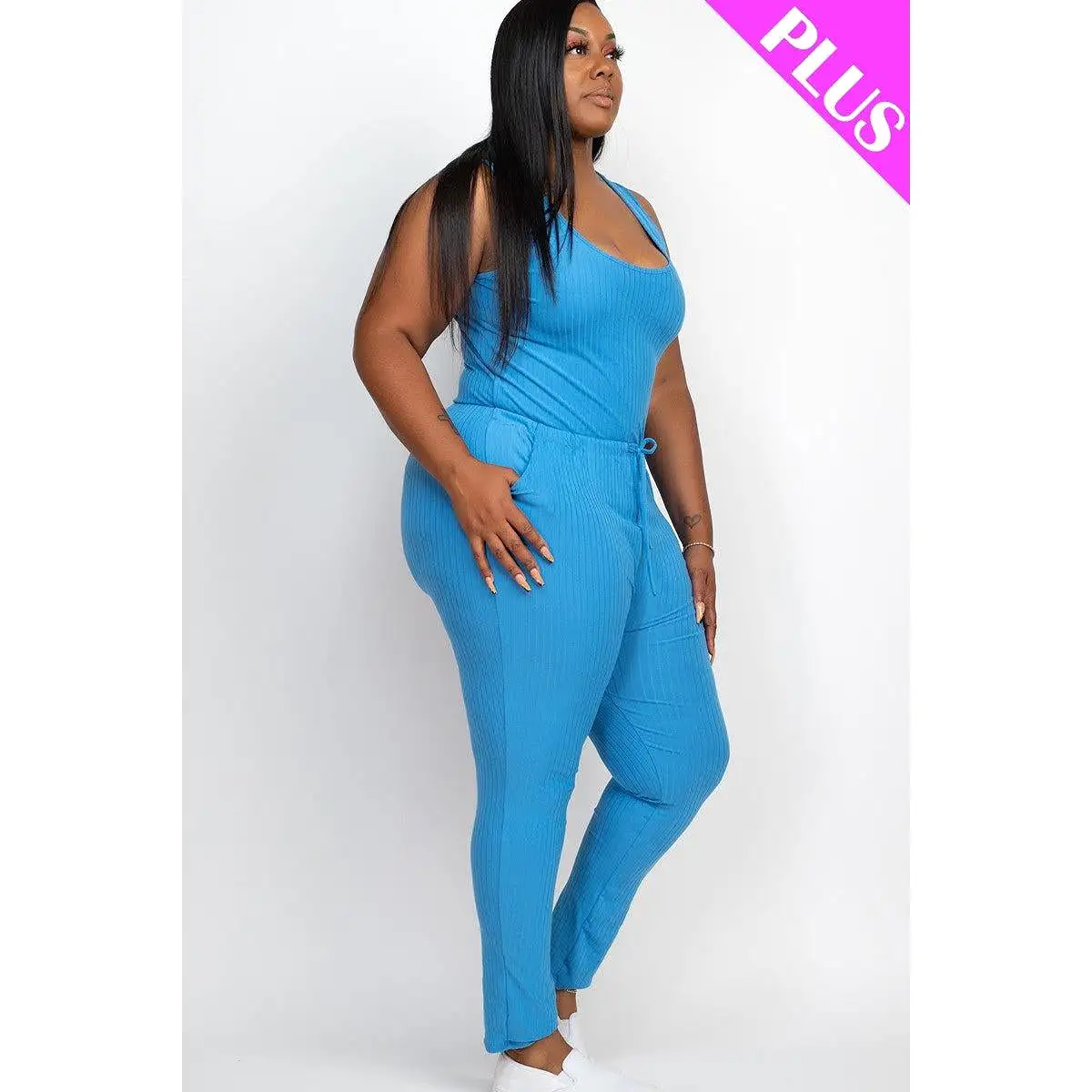 Plus Ribbed Sleeveless Drawstring Jumpsuit