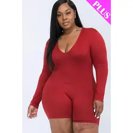 Plus V-neck Long Sleeve Bodycon Romper