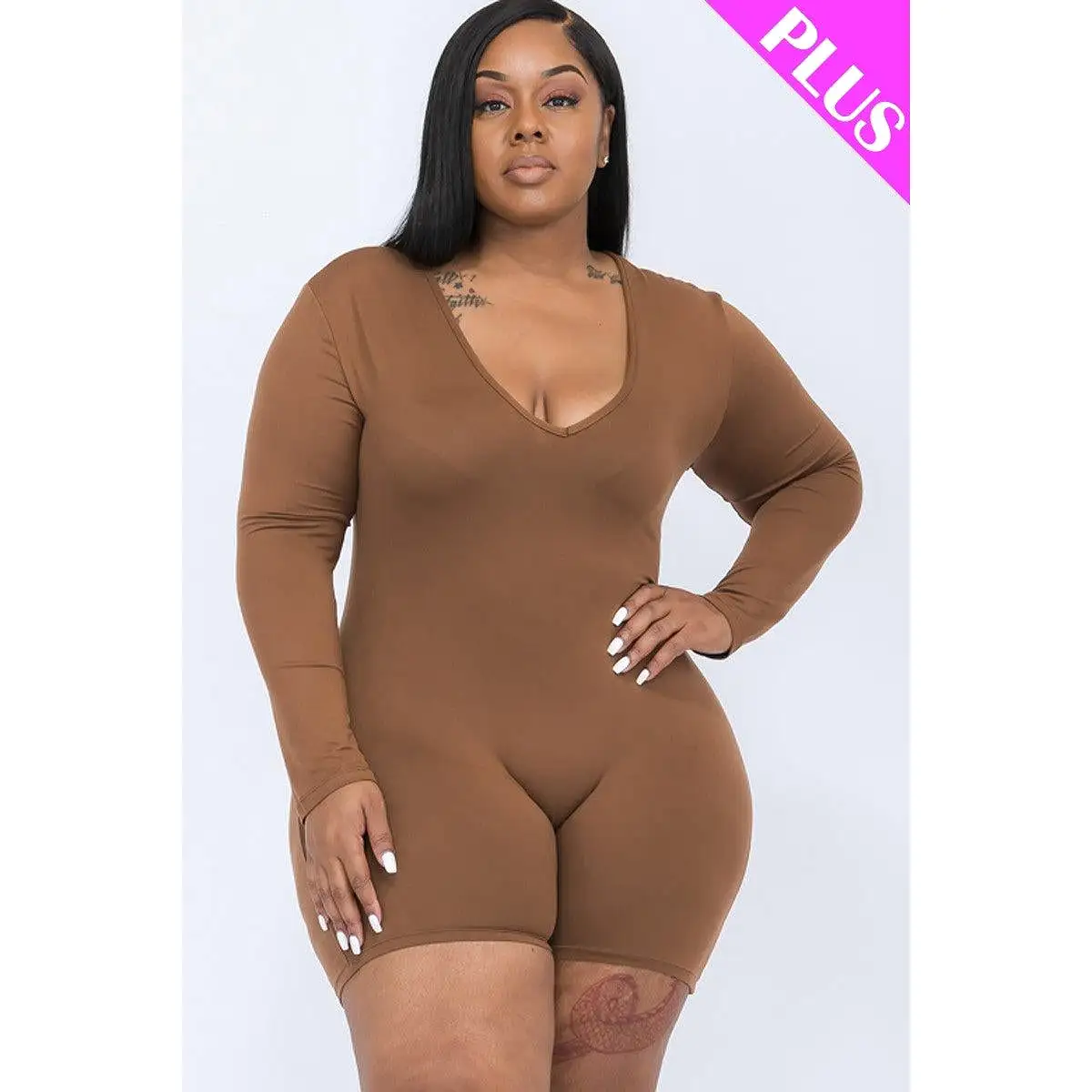 Plus V-neck Long Sleeve Bodycon Romper