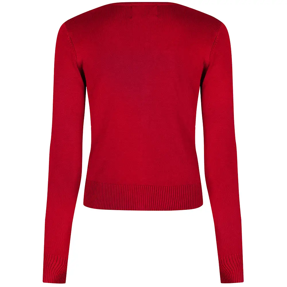 Red Stretch V Neck Button Through Cardigan