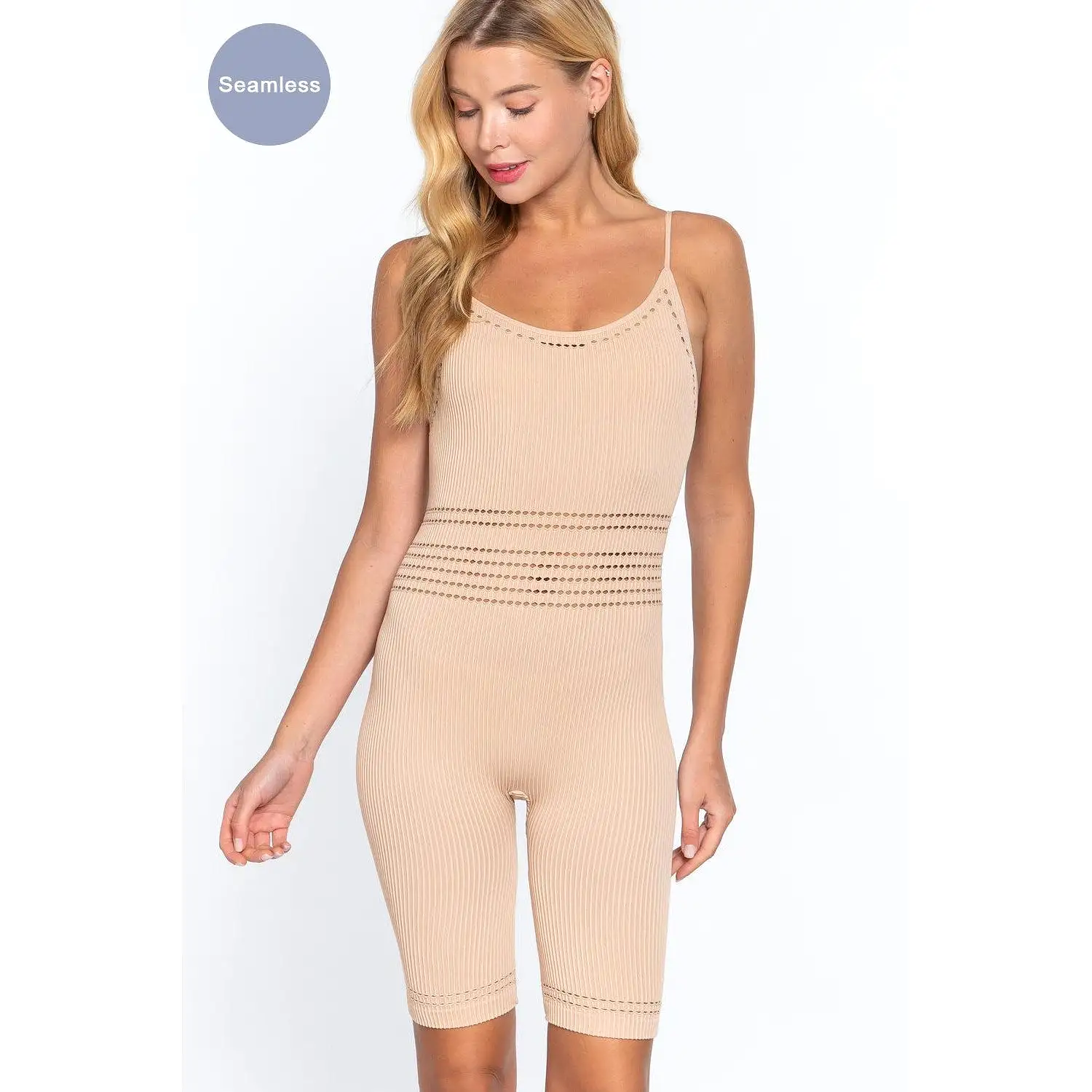 Round Neck Pointelle Detail Seamless Rib Romper