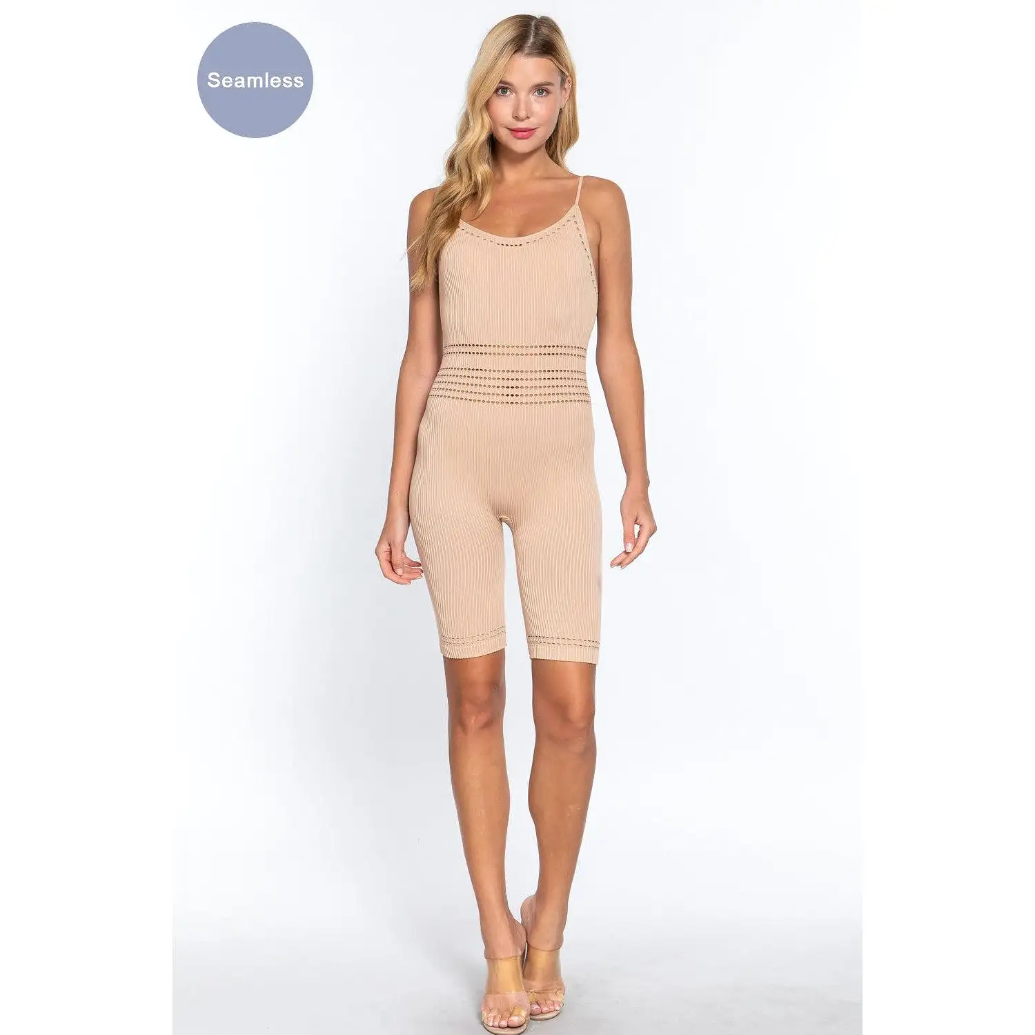 Round Neck Pointelle Detail Seamless Rib Romper