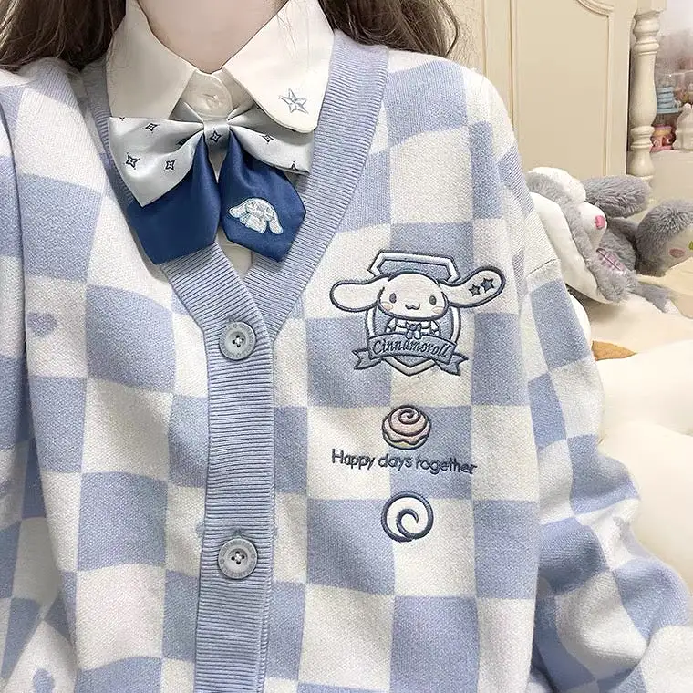 Sanrio checkboard pattern cardigans kuromi my melody Pom Pom purin Cinnamoroll