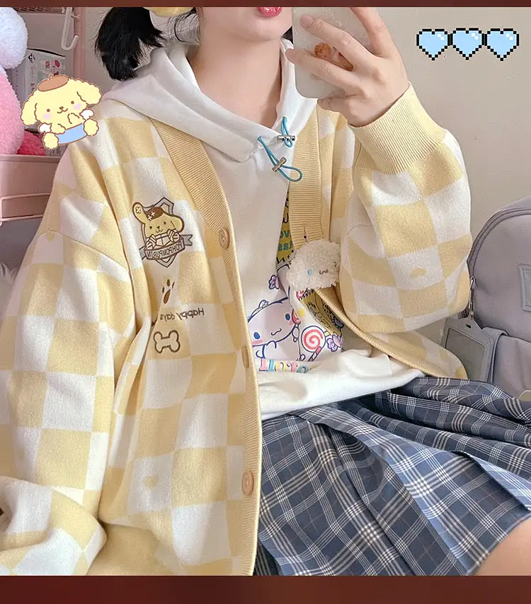 Sanrio checkboard pattern cardigans kuromi my melody Pom Pom purin Cinnamoroll