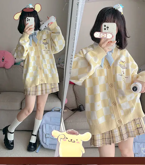 Sanrio checkboard pattern cardigans kuromi my melody Pom Pom purin Cinnamoroll