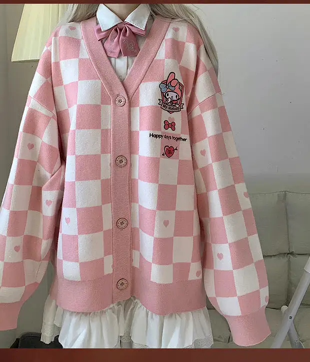 Sanrio checkboard pattern cardigans kuromi my melody Pom Pom purin Cinnamoroll