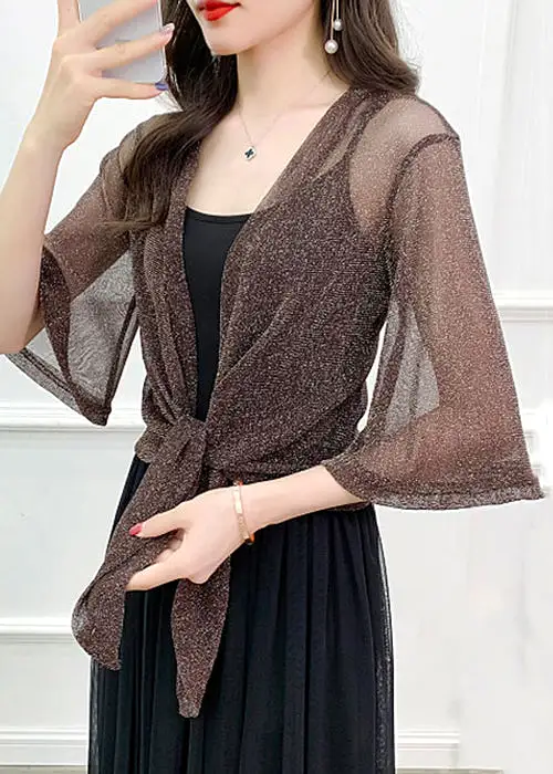 Simple Coffee Solid Bright Silk Tulle Cardigan Summer AS1020