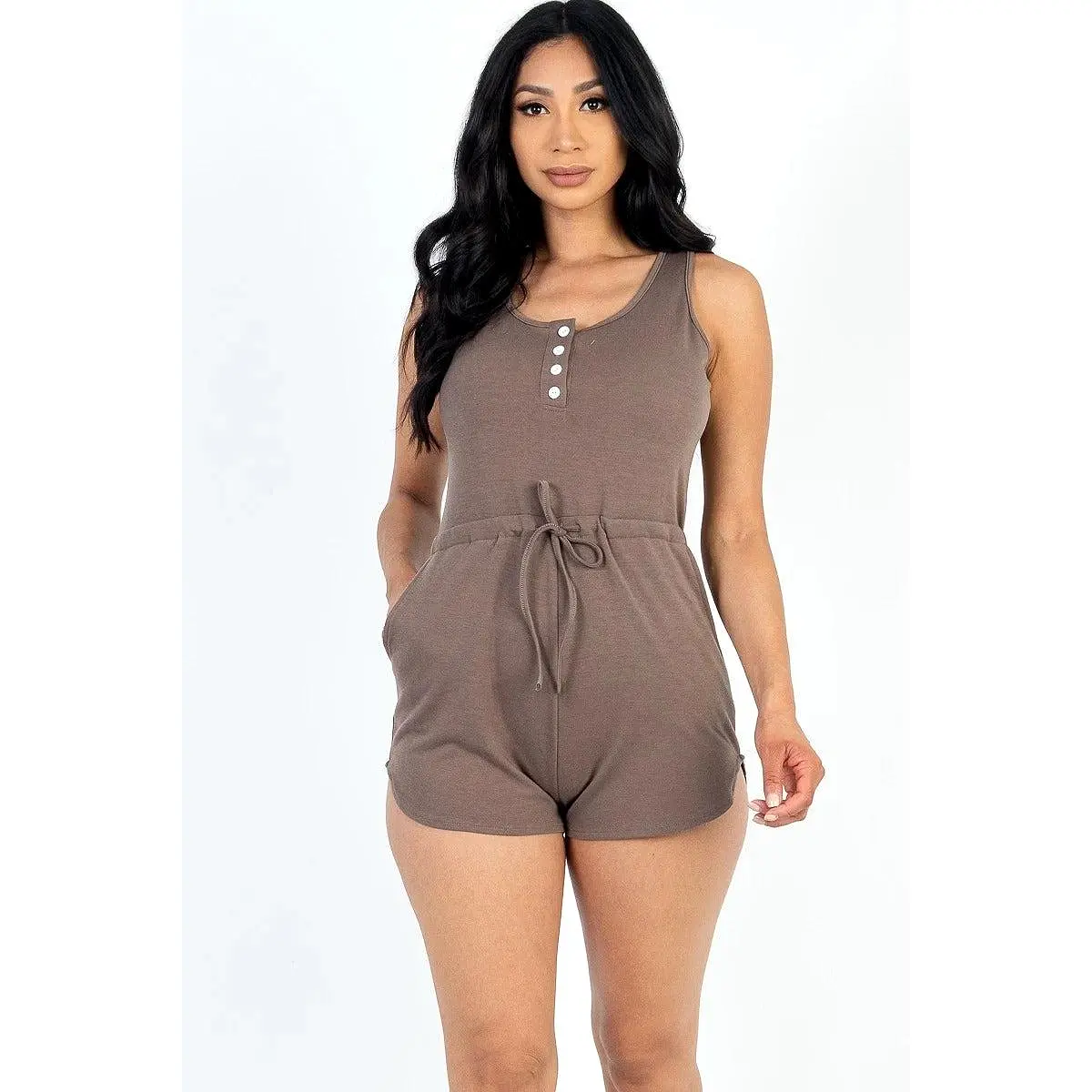 Sleeveless Drawstring Waist Button Tank Romper