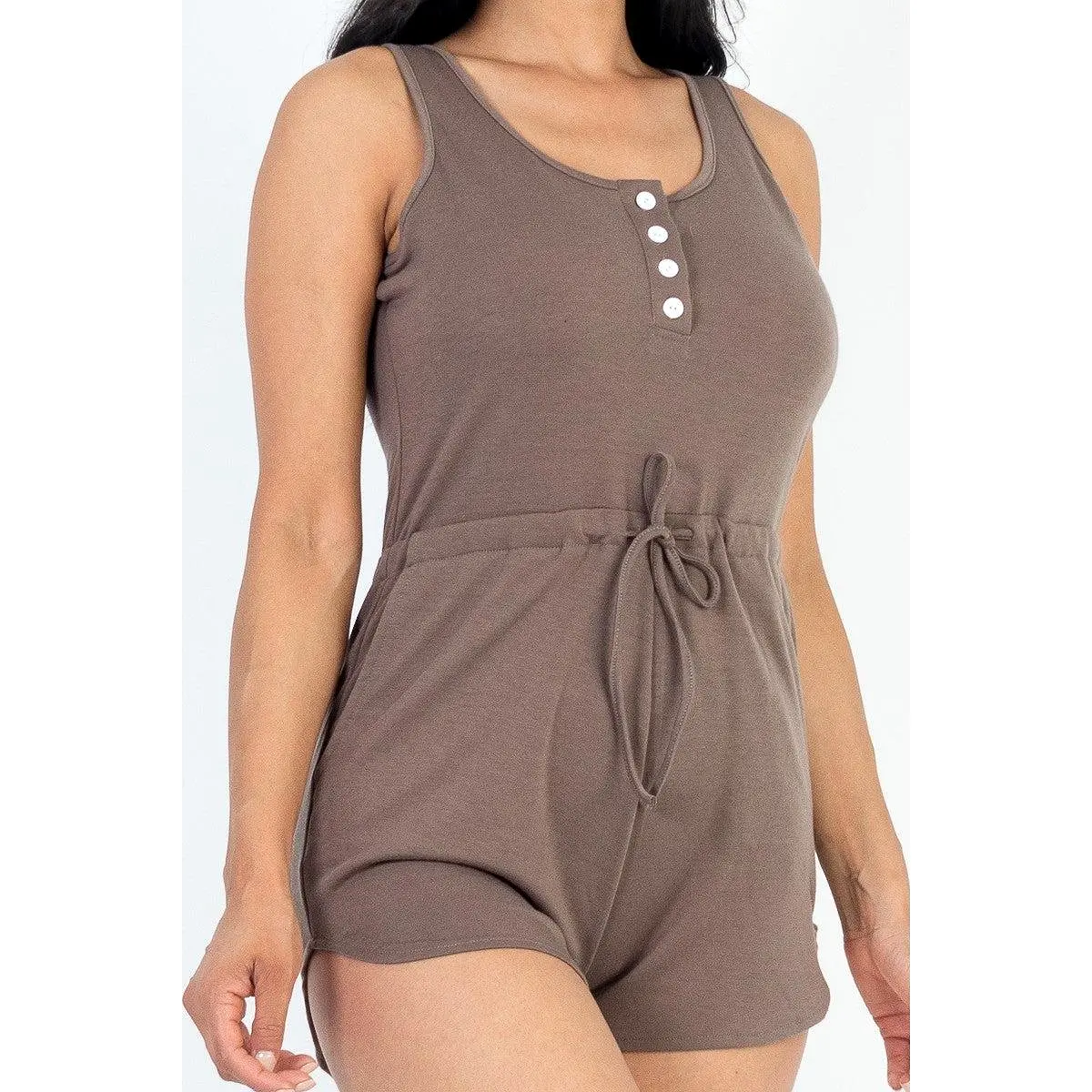 Sleeveless Drawstring Waist Button Tank Romper