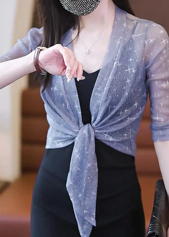 Slim Fit Blue V Neck Lace Up Tulle Cardigan Summer AS1030