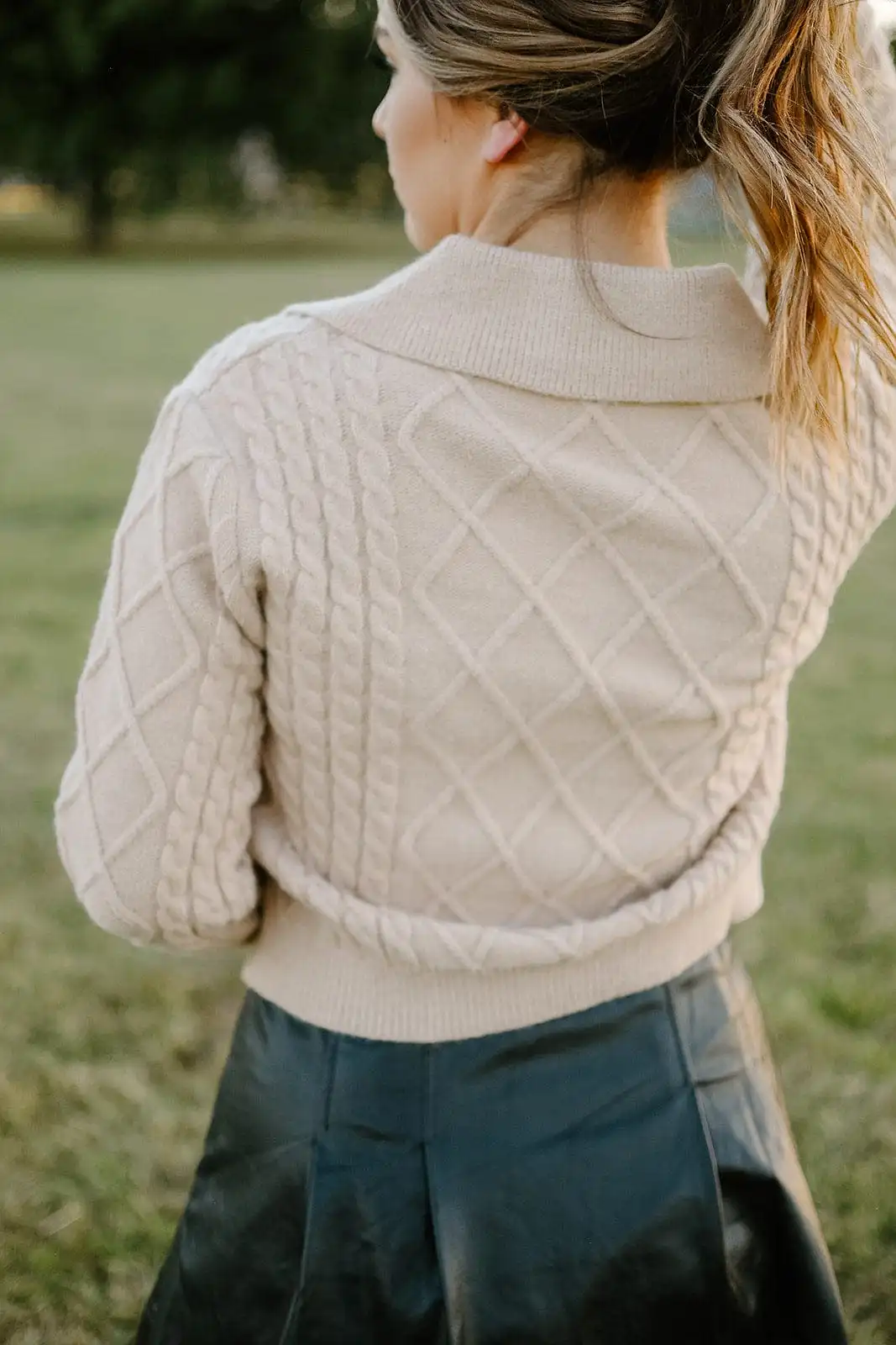 Taupe Cable Knit Collared Cardigan