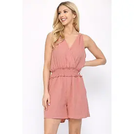 Textured Woven And Smocking Waist Romper With Back Open And Tie