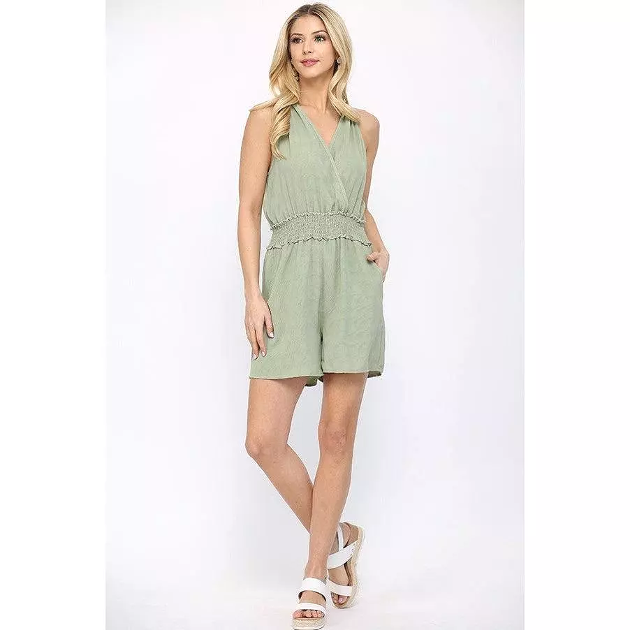 Textured Woven And Smocking Waist Romper With Back Open And Tie