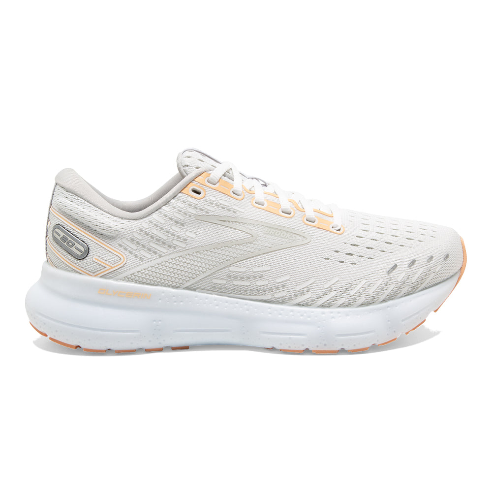 Women's Brooks Glycerin 20, White/Grey/Peach, 5 B Medium