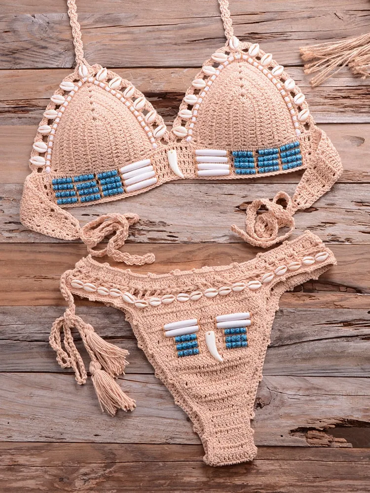 Women's Sexy Knitted Blue Shell Beaded Push-Up Crochet Bikinis Set